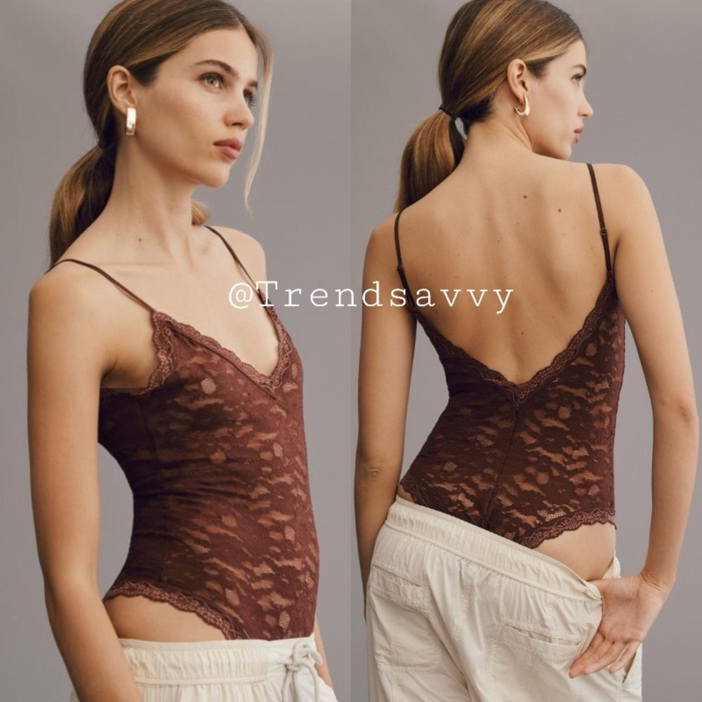 Anthropologie Sabrina Wine Floral Lace V-Neck Bodysuit Medium NWT Sexy